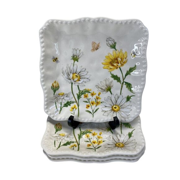 Mud Pie Square Ceramic Plates Dessert Fruit Daisies & Butterfly Floral Design - Picture 1 of 4